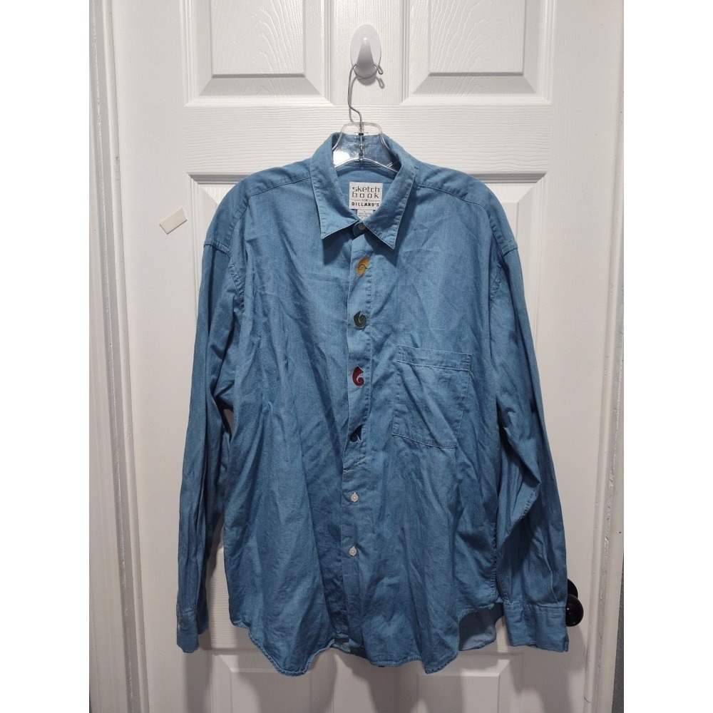 Vintage SketchBook Shirt Womens Large Blue Denim‎ Embroidered Cottage Swirl 90s
